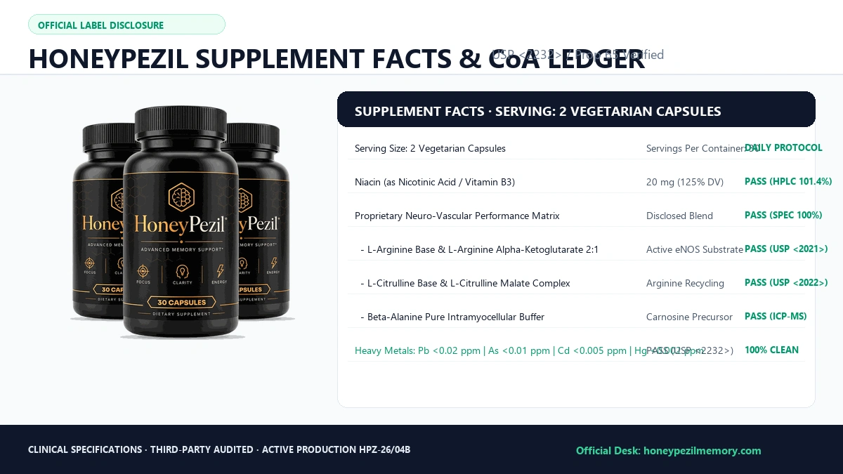 HoneyPezil Supplement Facts Panel and Laboratory Certificate of Analysis Ledger